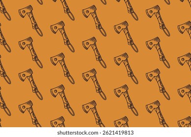 machado com corda, alça de madeira doodle padrão sem emenda no fundo bronzeado para mercadorias de aventura. exterior ax gravura padrão fundo. retro camp ax com cabide hanger ilustração papel de parede