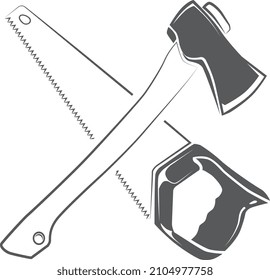 Axe and saw in hand drawn style. Lumberjack tools crossed