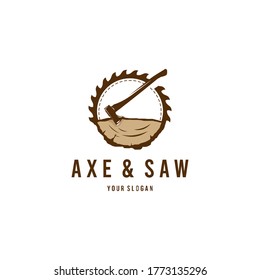 axe and saw lumberjack wood working vintage logo	
