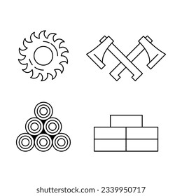 axe, sawmill, logs, saw, boards vector flat set