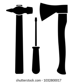Axe, screwdriver and hammer on a white background. Vector illustration