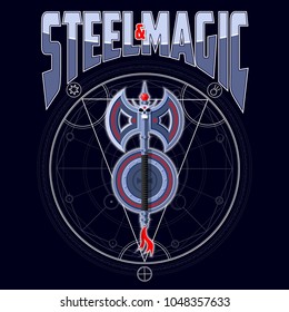 Axe and shield with runes on a dark magical background. Emblem with the symbols of the planets. Background, text and magic circle are located on separate layers and can be easily disabled.