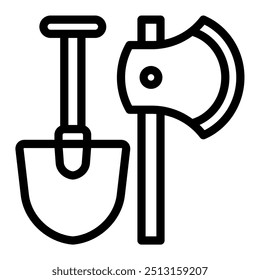 axe and shovel line icon. working, tool, firefighter, timber, industrial, weapon, sharp, work