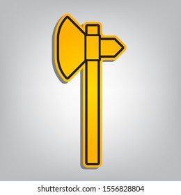Axe sign. Flat orange icon with overlapping linear black icon with gray shadow at whitish background. Illustration.