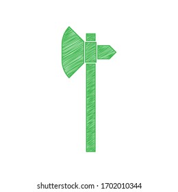 Signo de hacha. Ícono de garabato verde con contorno sólido sobre fondo blanco.  Ilustración.
