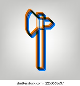 Signo de hacha. Icono marcado en colores naranja, azul y lavanda antigua en fondo gris. Ilustración.