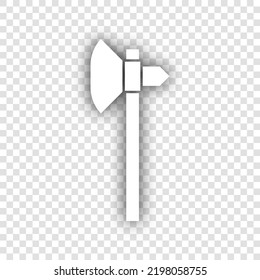 Signo de hacha. Icono blanco con sombra gris natural caída en fondo transparente. Ilustración.