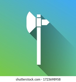 Signo de hacha. Icono blanco con una sombra sin límites en gris sobre fondo verde a azul.  Ilustración.
