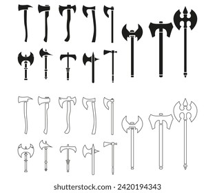 Axe silhouette icon vector set, medieval weapons in different styles illustration