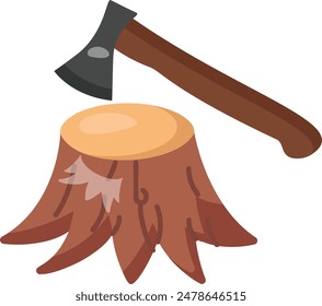 Axe and small remaining portion of the trunk with the roots concept, vector color icon design, timber and lumber Symbol, forest Deforestation products Sign,mill yard saw works stock illustration