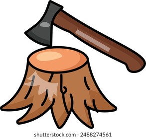 Axe and small remaining portion of the trunk with the roots concept, vector outline design, timber and lumber Symbol, forest Deforestation products Sign,mill yard saw works stock illustration