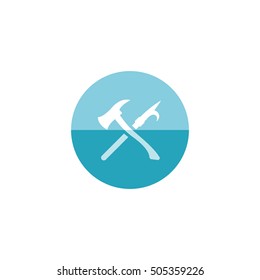 Axe and spear icon in flat color circle style. Fire fighter tool