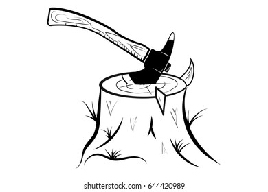 The axe sticking in the stump of the tree. monochrome vector illustration.