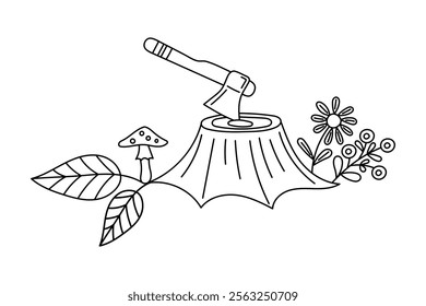 Axe stuck into stump. Forest landscape. Black and white line art. Hand drawn Doodle Illustration. For textiles, clothes, backgrounds, postcards. Travel, hiking and camping concept. Vector illustration