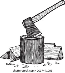 An axe stuck in a log, a log of firewood, vector illustration. Vintage graphics and handwork. Tools collection.