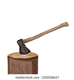 Ax pegado en la ilustración del vector de trompa de árbol aislado en el fondo blanco. Equipo de herramientas de carpintero o leñador de dibujos con dibujo de estilo de arte plano simple de dibujos animados.