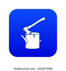 Axe stuck in a tree stump icon digital blue for any design isolated on white vector illustration