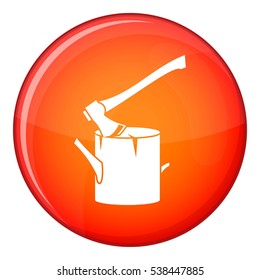 Axe stuck in a tree stump icon in red circle isolated on white background vector illustration