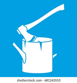 Axe stuck in a tree stump icon white isolated on blue background vector illustration