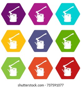 Axe stuck in a tree stump icon set many color hexahedron isolated on white vector illustration