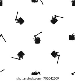 Axe stuck in a tree stump pattern repeat seamless in black color for any design. Vector geometric illustration