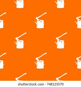 Axe stuck in a tree stump pattern repeat seamless in orange color for any design. Vector geometric illustration