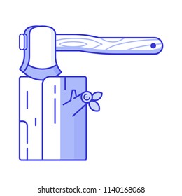 Axe stuck in wood. Chopping firewood icon. Hatchet and log in flat design.