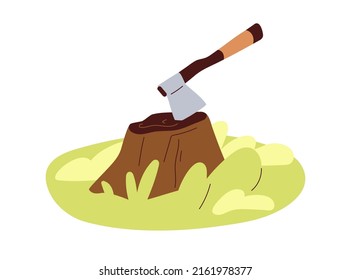 X en trozos después de cortar árboles. Herramienta Ax con una cuchilla metálica afilada dentro de un cabezal. Hatchet atascado en el tronco de madera cortada. Concepto de deforestación. Ilustración vectorial plana aislada en fondo blanco