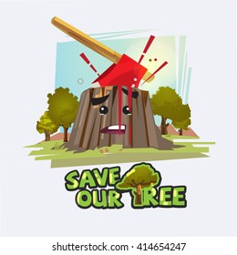 Axe in stump with blood. save the tree concept - vector illustration - vector illustration