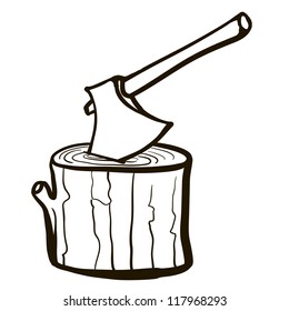 Axe in the stump. A children's sketch.