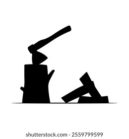 Axe, stump and firewood icon. Black silhouette. Front and side view. Vector simple flat graphic illustration. Isolated object on white background. Isolate.