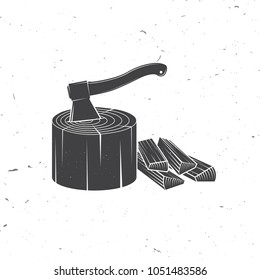 Axe in stump with firewoods silhouette. Vector illustration. Element for camping adventure badges, label, tshirt, sign, poster.