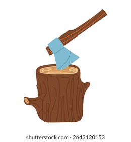 axe is in the stump. Harvesting of firewood. Seasonal work. Gardening and construction equipment. Flat color illustration. It is suitable for design and educational materials on gardening and hobbies