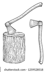 Axe with stump illustration, drawing, engraving, ink, line art, vector