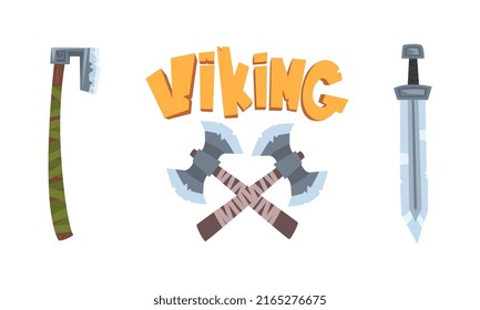 Ax y espada, arma antigua de la ilustración vectorial de dibujos animados