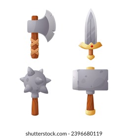 Ax, espada, mace y martillo para el diseño de juegos. Conjunto de iconos de elementos de arma de visión medieval. Activos aislados de ilustración vectorial de dibujos animados.