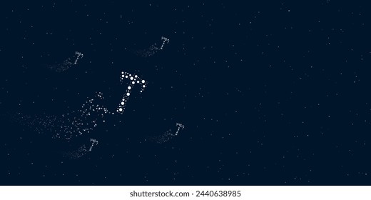 Ein mit Punkten gefülltes Axt-Symbol fliegt durch die Sterne und hinterlässt eine Spur. Vier kleine Symbole. Leerer Platz für Text rechts. Vektor-Illustration auf dunkelblauem Hintergrund mit Sternen