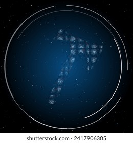 The axe symbol filled with white dots. Pointillism style. Some dots is red. Vector illustration on blue background with stars