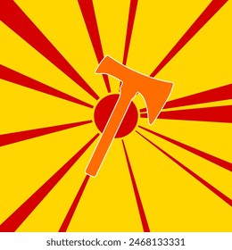 Axe symbol on a background of red flash explosion radial lines. The large orange symbol is located in the center of the sun, symbolizing the sunrise. Vector illustration on yellow background