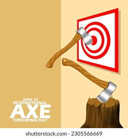 Axe throwing activity stuck in the wall of the target box with bold text on light brown background to celebrate International Axe Throwing Day on June 13 svg