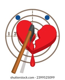 axe throwing, axe cutting in half a heart bleeding on target with drop of blood isolated on a white background