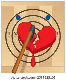 axe throwing, axe cutting in half a heart bleeding on target with drop of blood