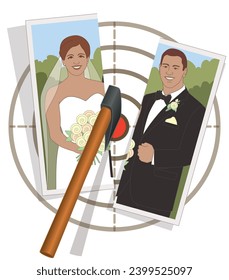 axe throwing, axe cutting in half photo of bride and groom on target isolated on a white background svg