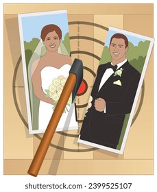 axe throwing, axe cutting in half photo of bride and groom on target svg