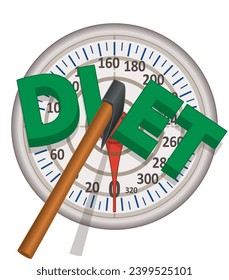 axe throwing, axe cutting in half the word diet on a weigh scale dial with target isolated on white svg