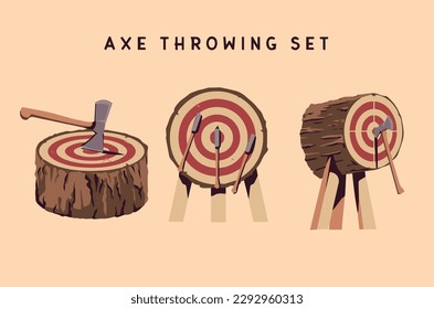 Axe throwing in wood target set. Perfect for axe club logo design. Vector illustration. svg