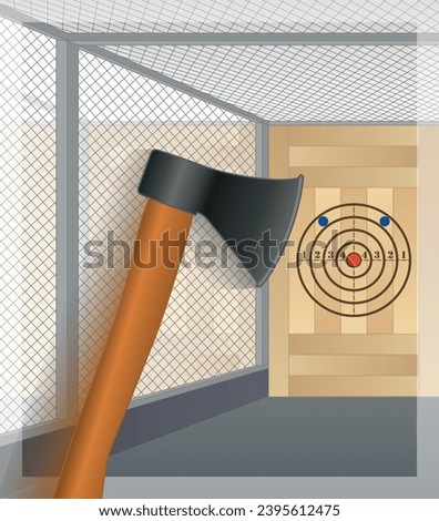 axe throwing, wooden handle axe showing motion heading towards target with cage in background