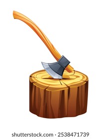 Axe in tree stump, highlighting woodcutting tools in forest setting. Vector cartoon illustration