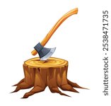 Axe in tree stump. Vector cartoon illustration