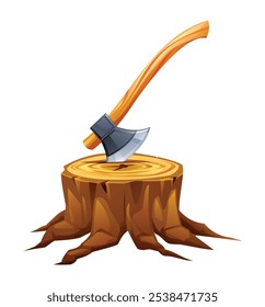 Axe in tree stump. Vector cartoon illustration